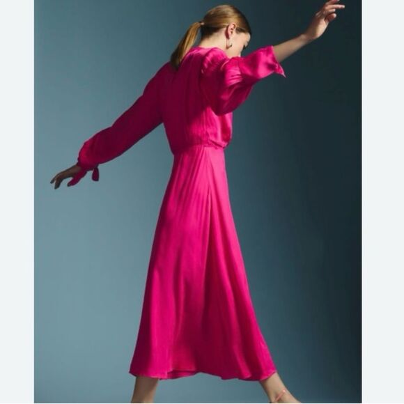 SOLD FARM Rio Pink Shoulderpads Maxi Dress Satin Like Cutout Size XL - Picture 4 of 15